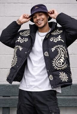 Profound Paisley Print Puffer Coat Black Cream Mens M Streetwear Statement